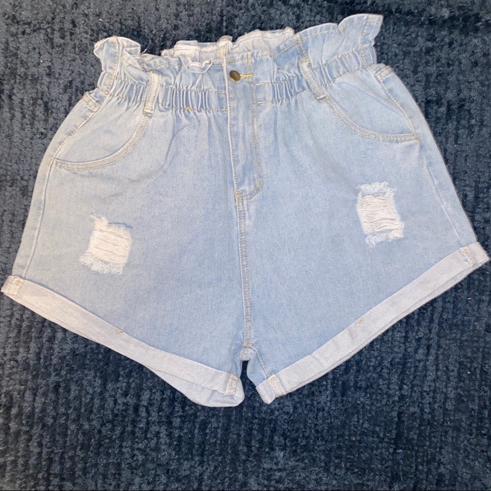 Paper bag waist denim shorts distressed SHEIN